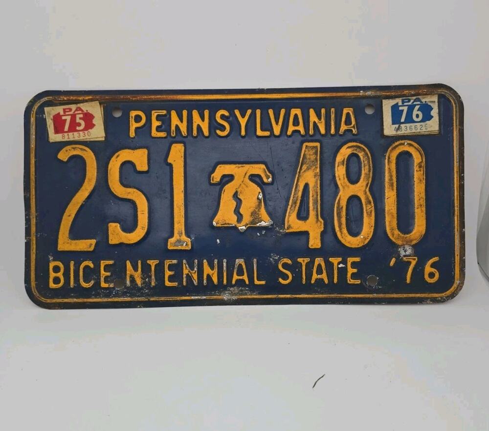 Antique 75-76 PA Bicentennial License Plate With Both Orginal Stickers